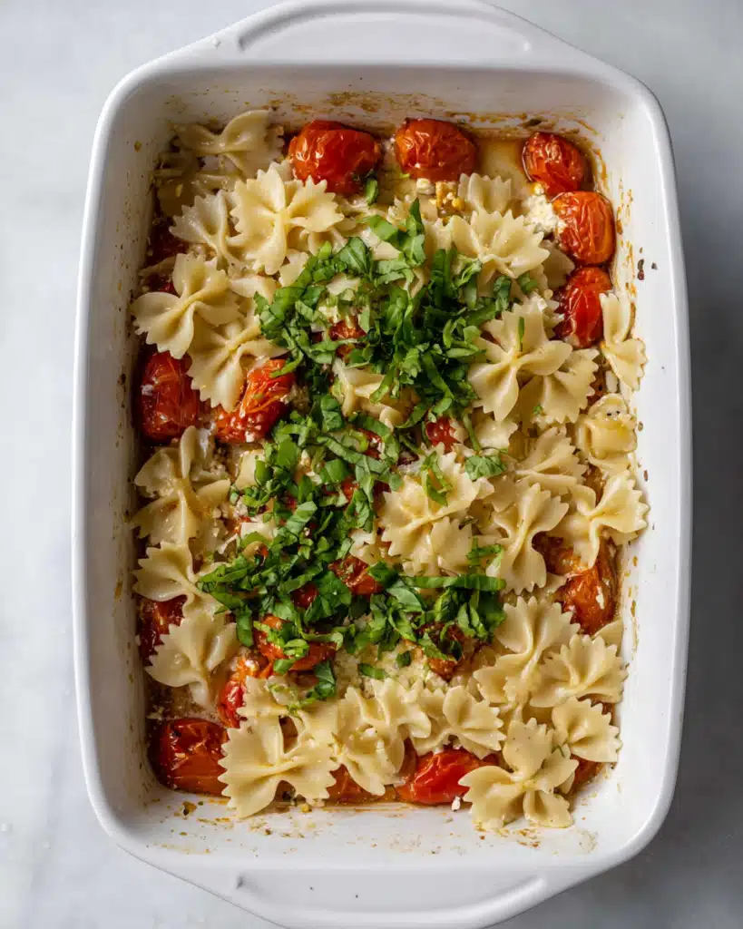 Baked Feta Pasta 7 Cooked bowtie pasta and basil added to baked feta and tomatoes in a white dish