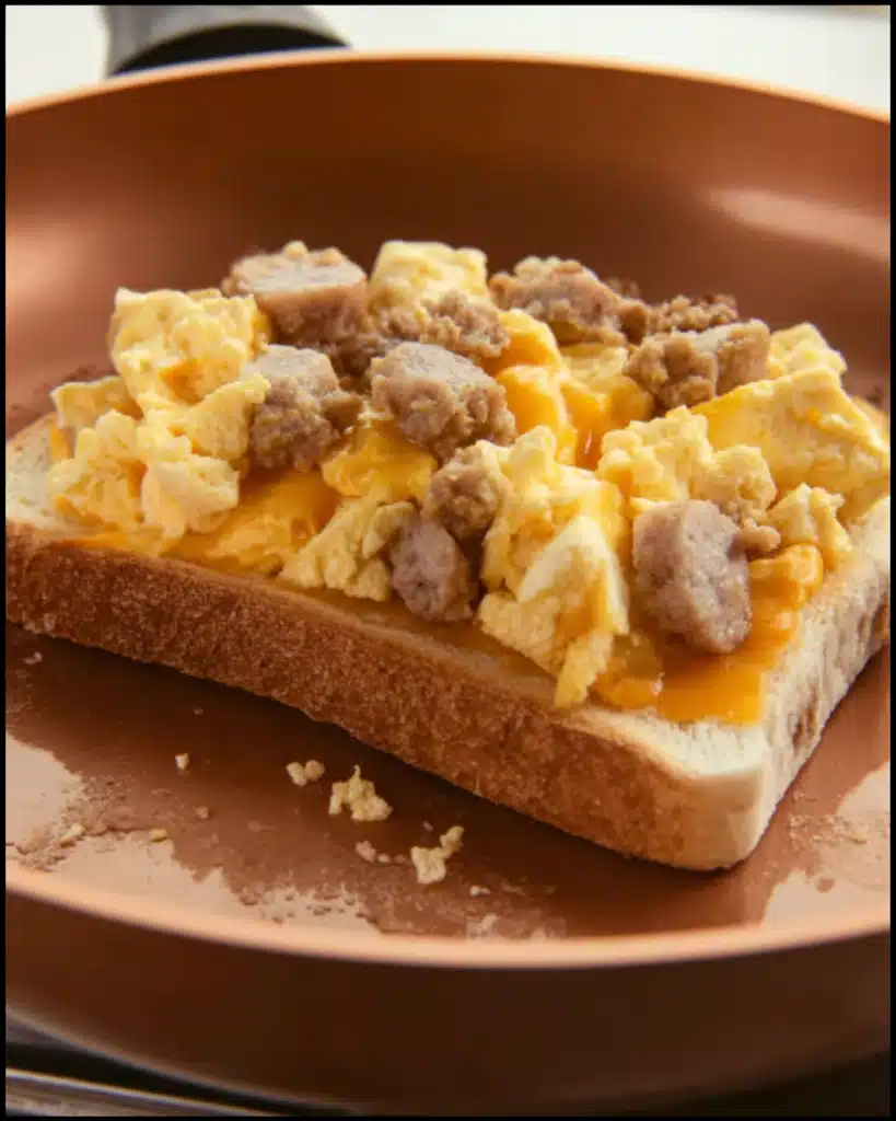 Breakfast Grilled Cheese (Easy, Cheesy & Satisfying Morning Sandwich) 5 Breakfast grilled cheese being assembled with eggs, sausage, and cheese