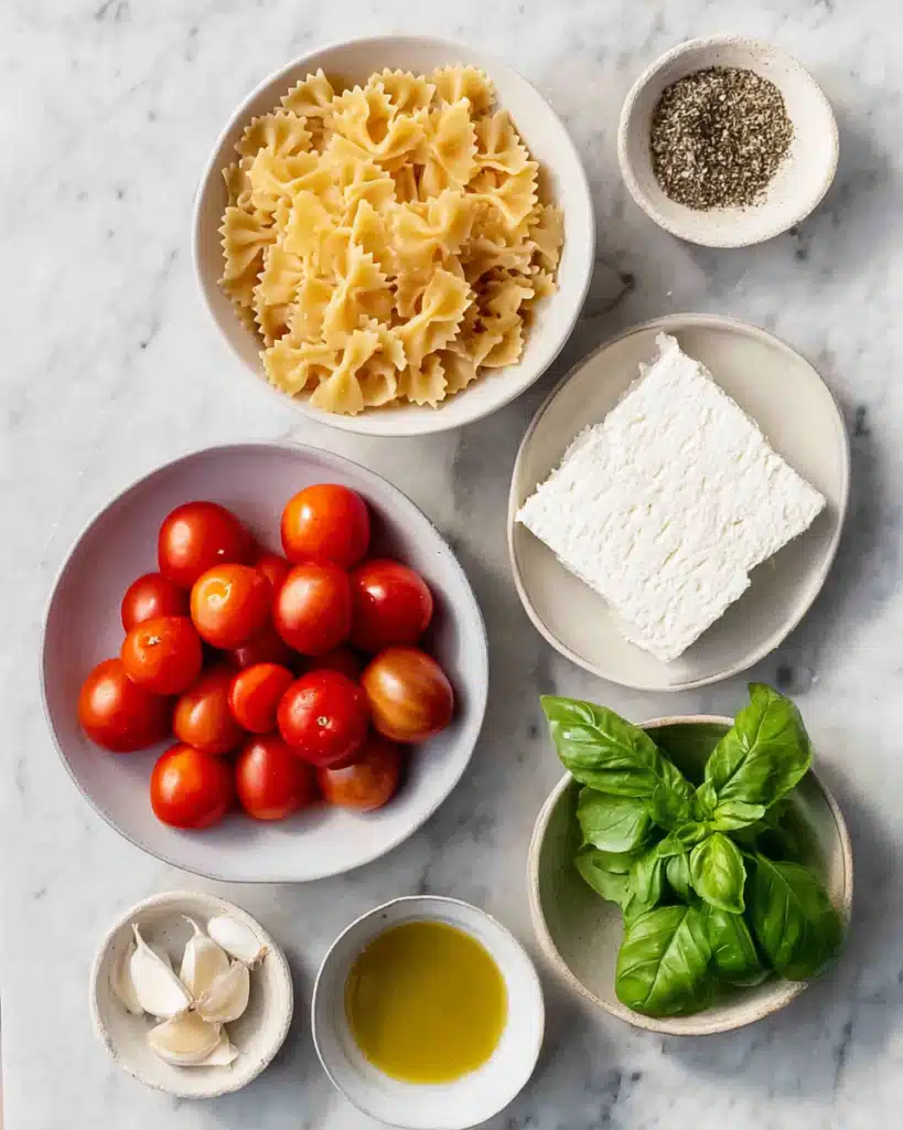 Baked Feta Pasta 2 Flat lay of baked feta pasta ingredients with tomatoes, feta, pasta, and basil