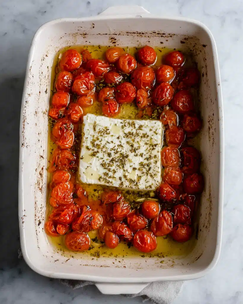 Baked Feta Pasta 4 Feta cheese and cherry tomatoes roasting in olive oil for baked feta pasta