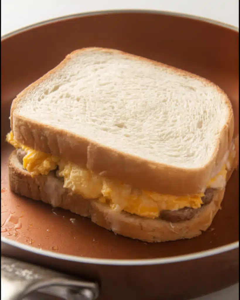 Breakfast Grilled Cheese (Easy, Cheesy & Satisfying Morning Sandwich) 6 Buttered breakfast grilled cheese sandwich ready to grill in skillet