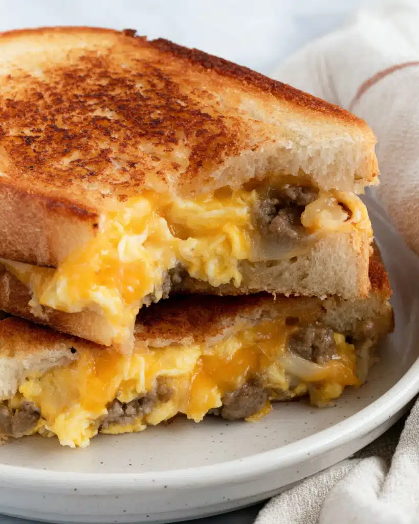 Breakfast Grilled Cheese (Easy, Cheesy & Satisfying Morning Sandwich) 1 Breakfast grilled cheese with eggs, sausage, and melted cheese on plate