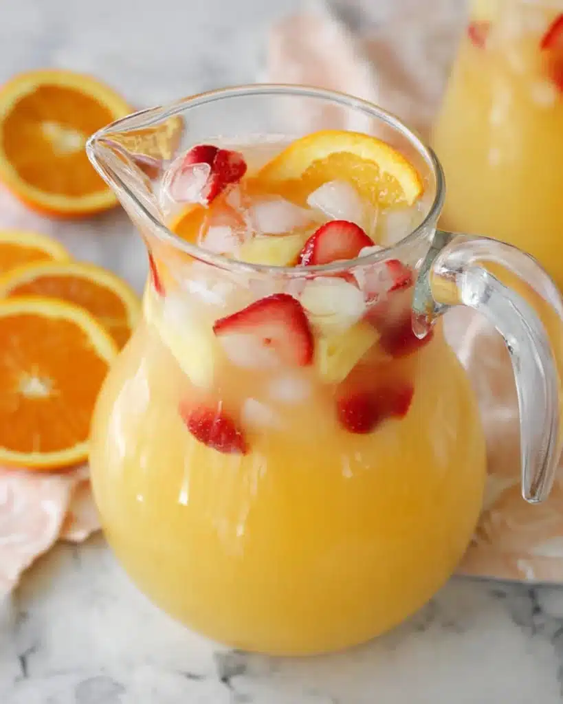 Easy Breakfast Punch Recipe: A Refreshing Morning Favorite 1 Glass pitcher of breakfast punch with citrus and strawberry slices on a light table
