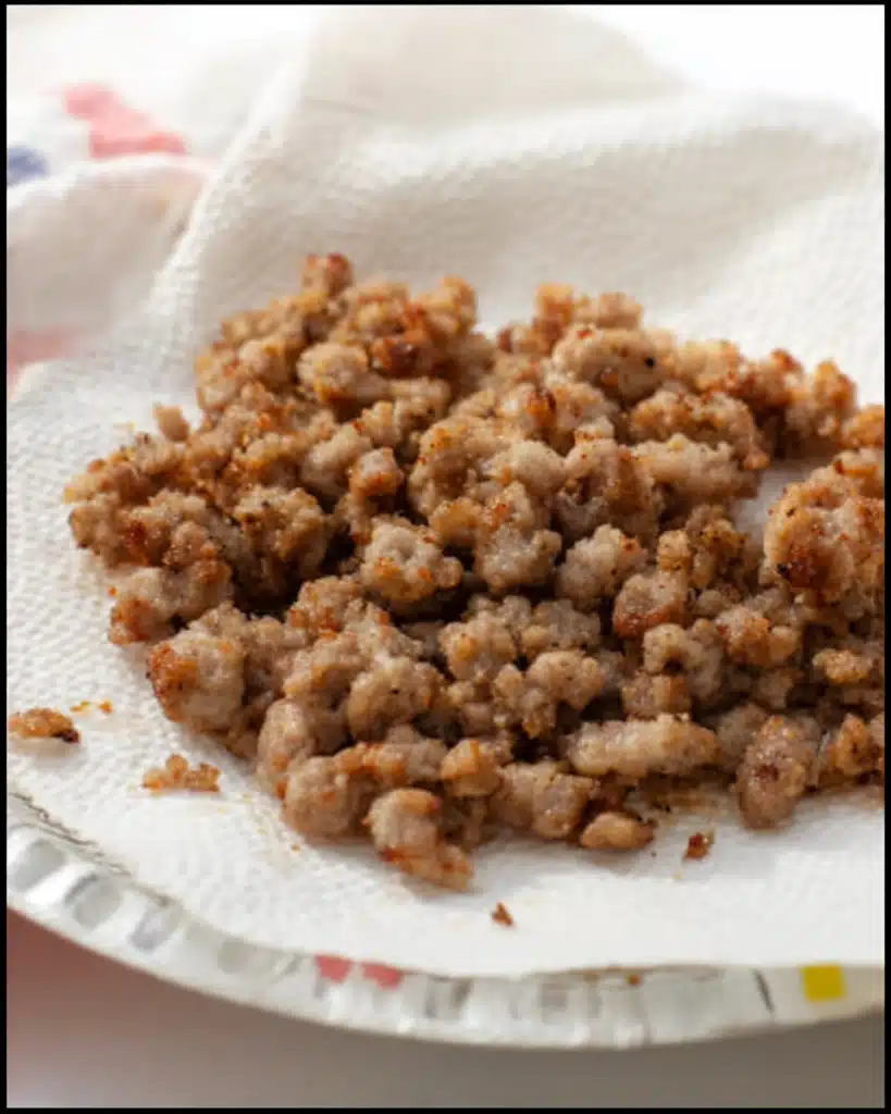 Breakfast Grilled Cheese (Easy, Cheesy & Satisfying Morning Sandwich) 3 Cooked breakfast sausage crumbles on paper towel