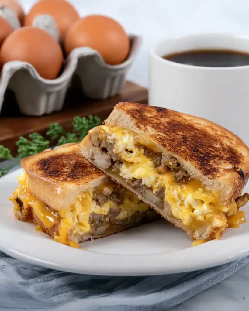 Breakfast Grilled Cheese (Easy, Cheesy & Satisfying Morning Sandwich) 7 Buttered breakfast grilled cheese ready to cook in skillet