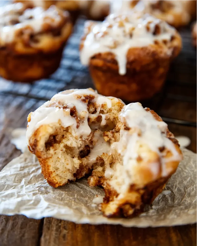 Cinnamon Roll Muffins Recipe Outline 1 Soft cinnamon roll muffin torn open with cream cheese glaze