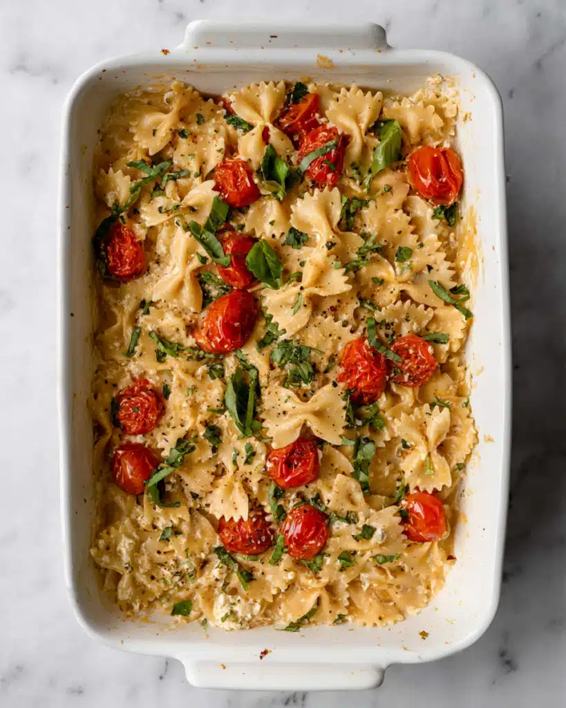 Baked Feta Pasta 8 Creamy baked feta pasta with cherry tomatoes and basil in a white dish