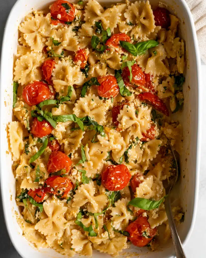 Baked Feta Pasta 1 Baked feta pasta with roasted cherry tomatoes and fresh basil in a white dish