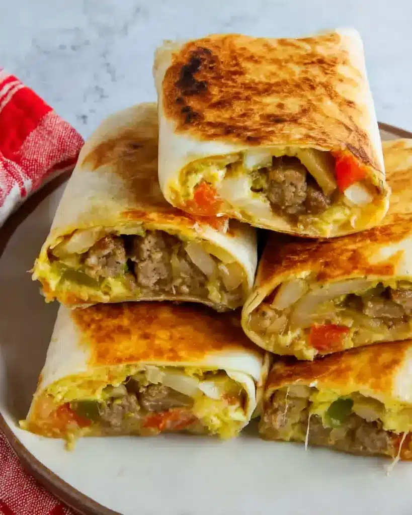 Crispy breakfast burritos stacked and cut open with eggs, sausage, peppers, and melted cheese on a plate