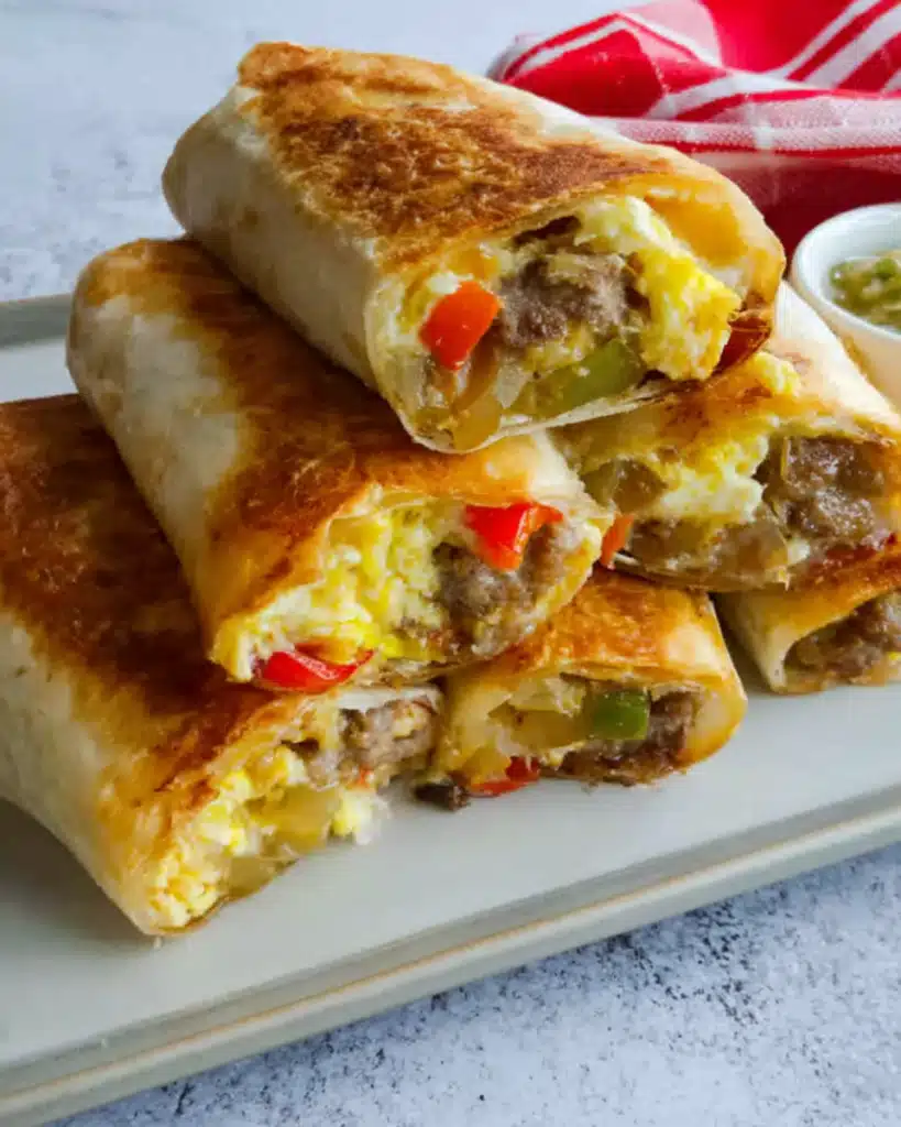 Golden crispy breakfast burritos stacked on a white platter with eggs, sausage, peppers, and melted cheese
