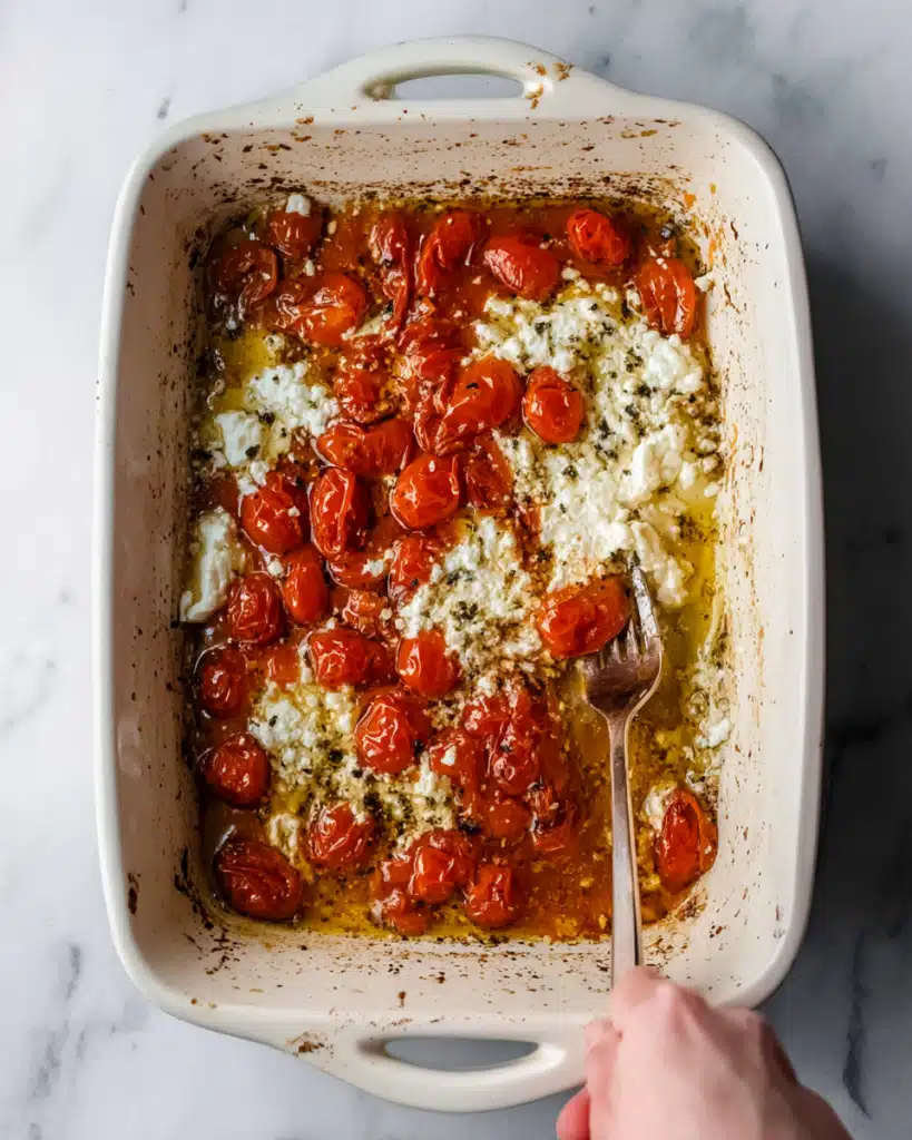 Baked Feta Pasta 6 Mashing baked feta and roasted cherry tomatoes with a fork for pasta sauce