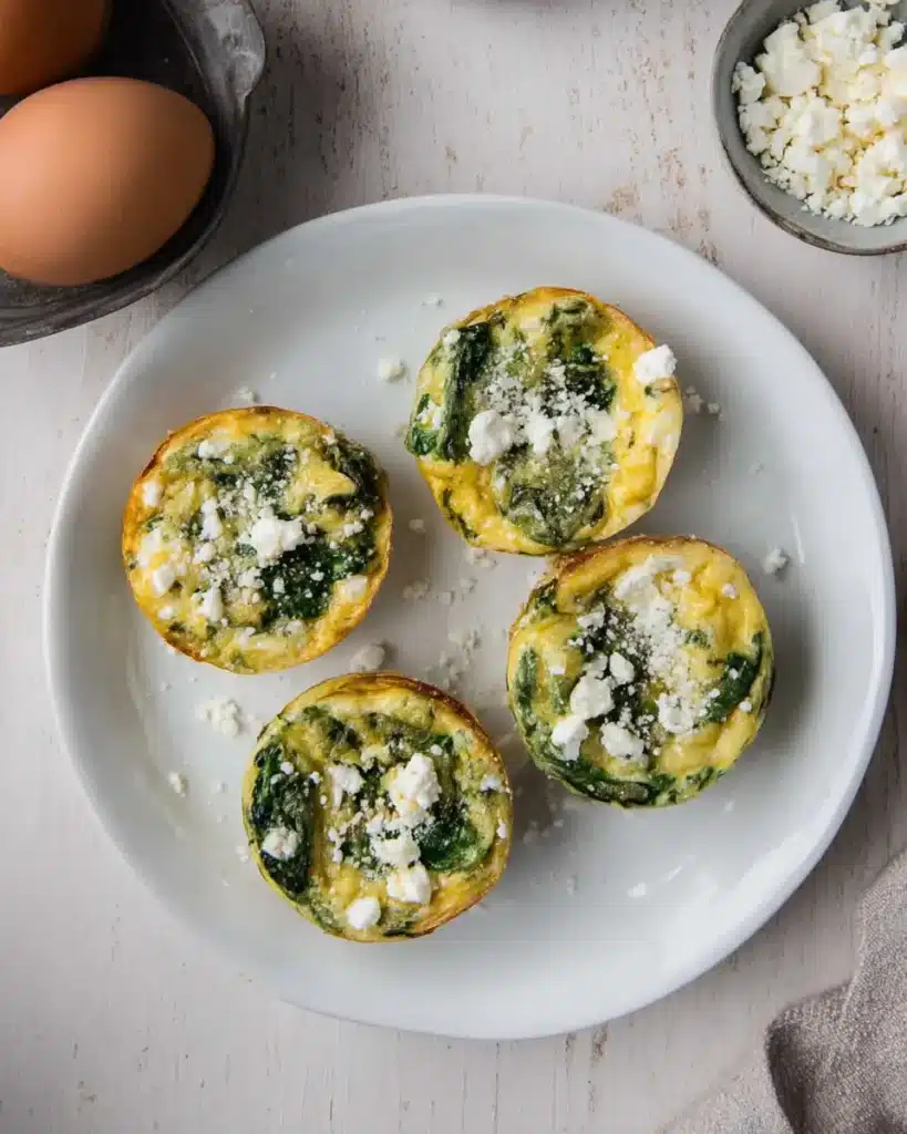 Spinach Egg Muffins with Feta – Easy High-Protein Breakfast Recipe 2 Spinach egg muffins with feta and eggs on a white plate