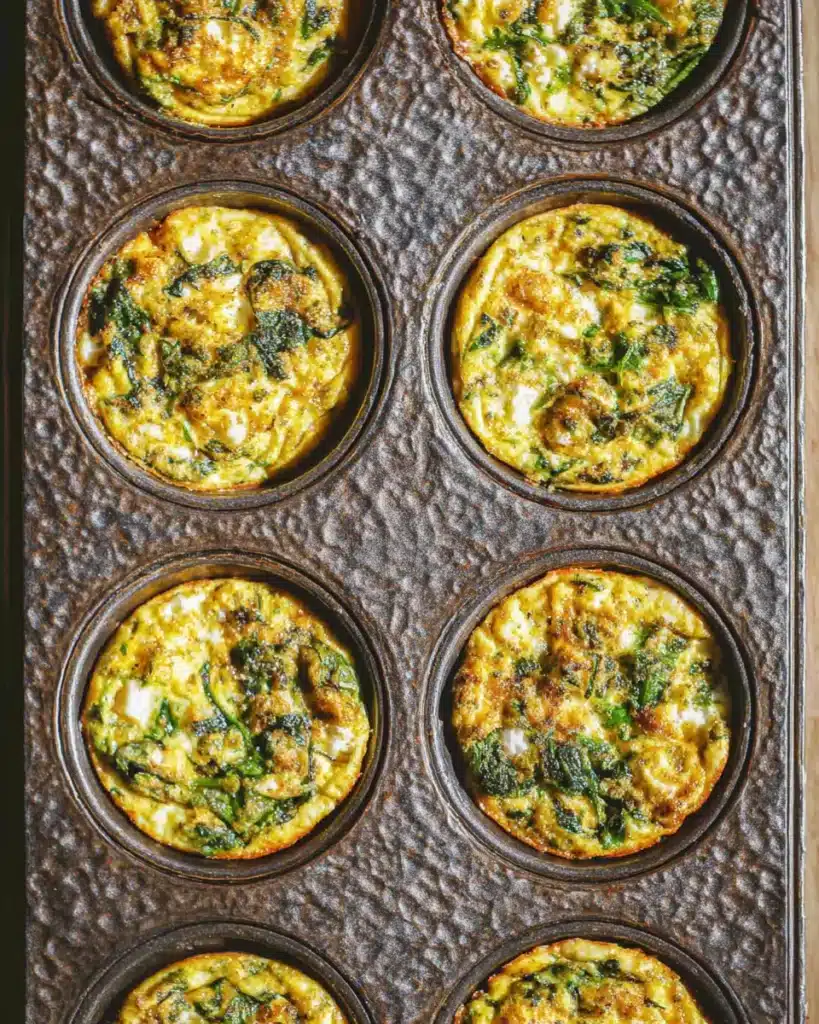 Spinach Egg Muffins with Feta – Easy High-Protein Breakfast Recipe 4 Baked spinach egg muffins with feta in a metal muffin tin