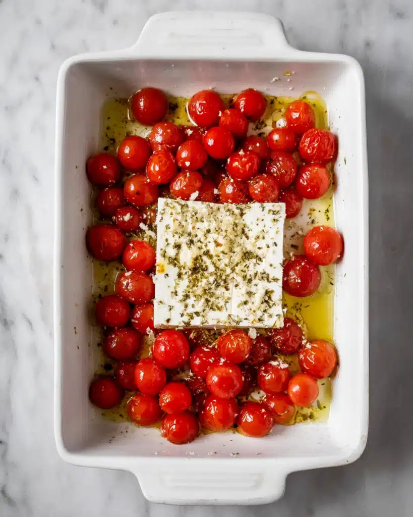 Baked Feta Pasta 3 Unbaked feta pasta ingredients with cherry tomatoes, olive oil, and herbs in a white dish