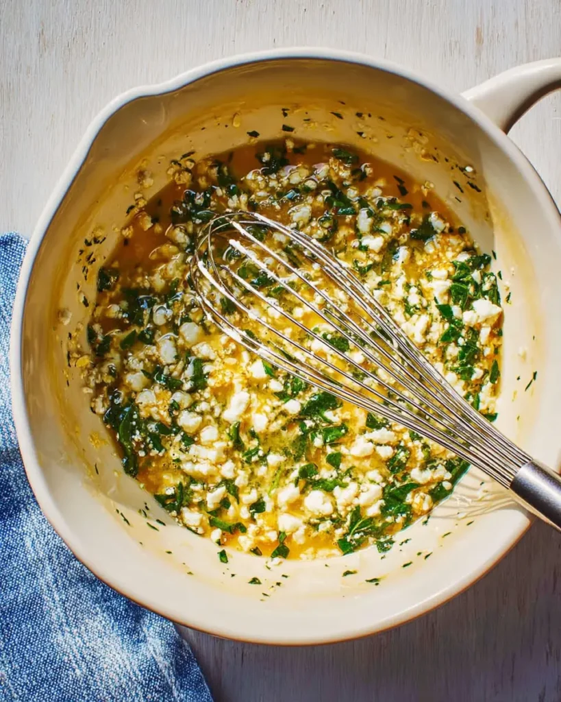 Spinach Egg Muffins with Feta – Easy High-Protein Breakfast Recipe 3 Whisking eggs with spinach and feta in a white mixing bowl