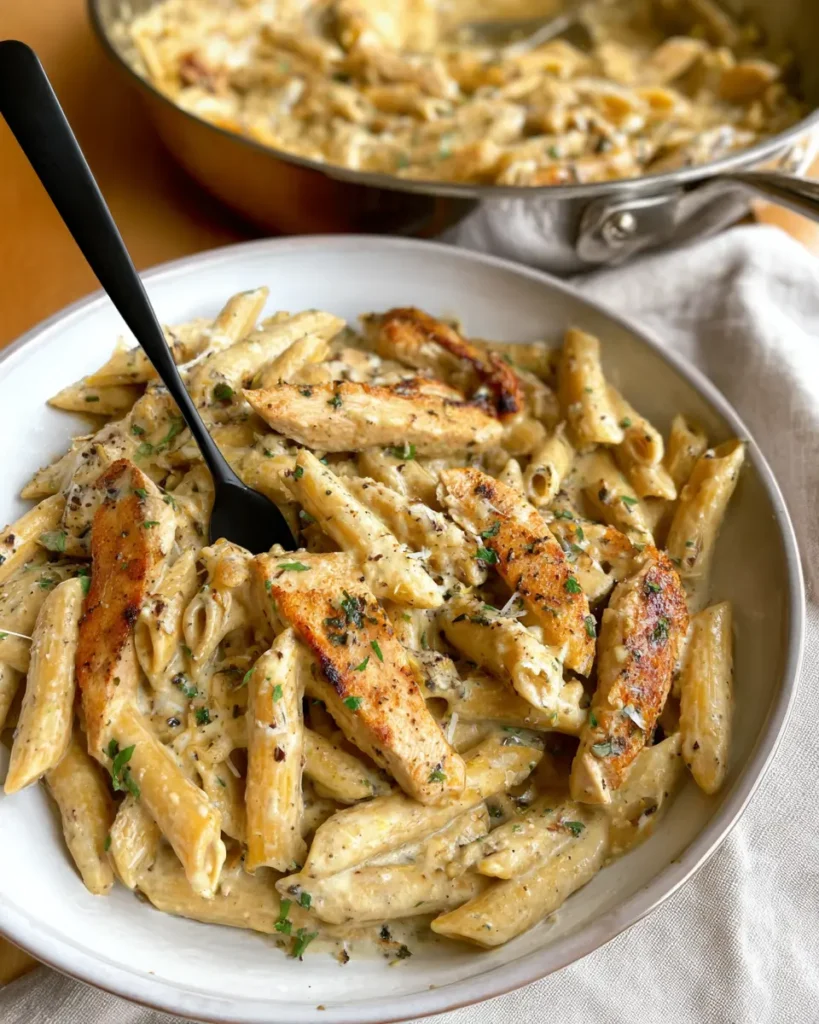 Creamy Garlic Parmesan Chicken Pasta 1 Creamy garlic parmesan chicken pasta with seared chicken and penne in a white bowl
