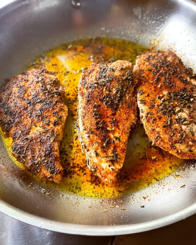 Creamy Garlic Parmesan Chicken Pasta 2 Golden seared chicken breasts in a stainless steel pan for creamy garlic parmesan pasta